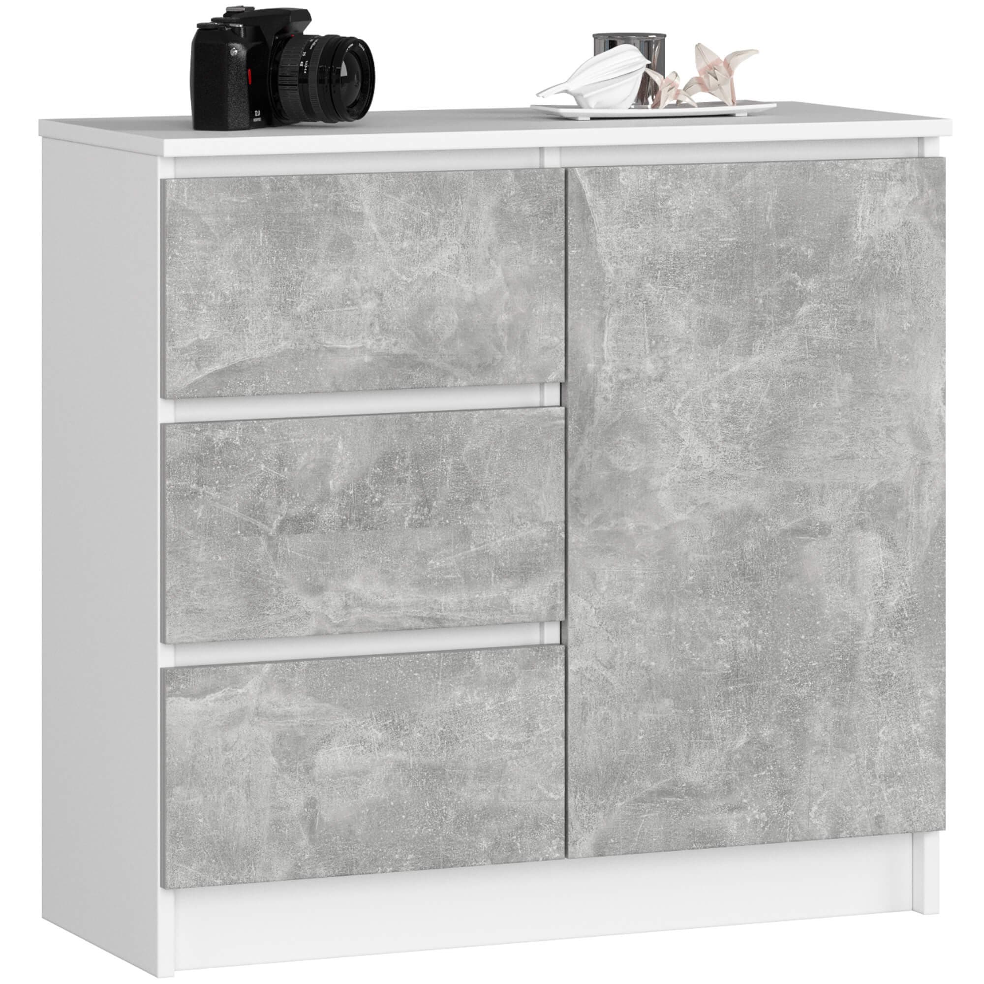 Akord Lipasto Jerry 1 ovi 3 laatikkoa Valkoinen/Betoni 80x35x77 – Akord