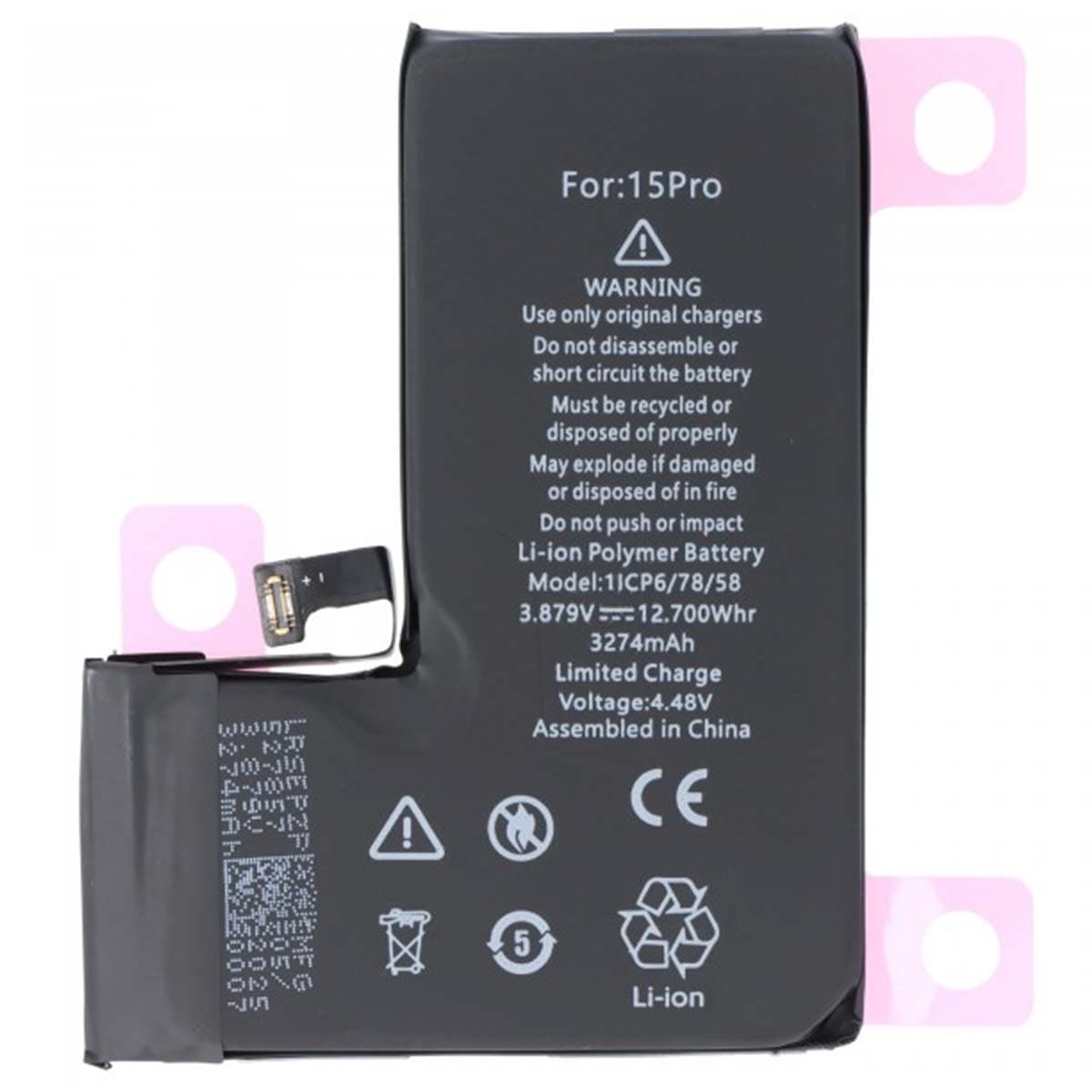 Akku iPhone 15 Pro:lle, Li-Polymer 3,87V 3274mAh 12,7Wh – Avizar
