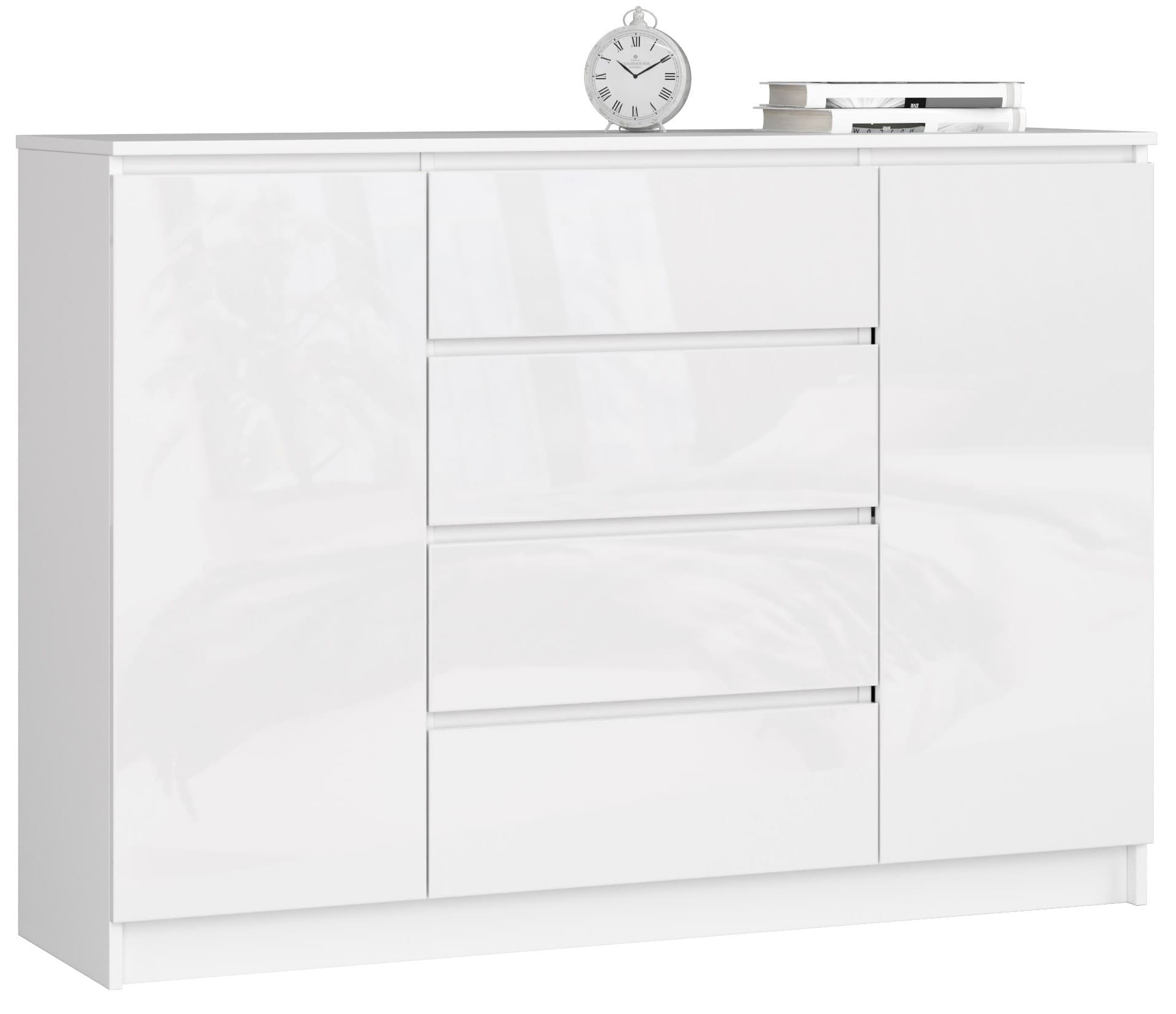 Akord Lipasto 2 Ovet 4 Laatikoa Valkoinen Korkeakiilto 138x40x99 – Akord
