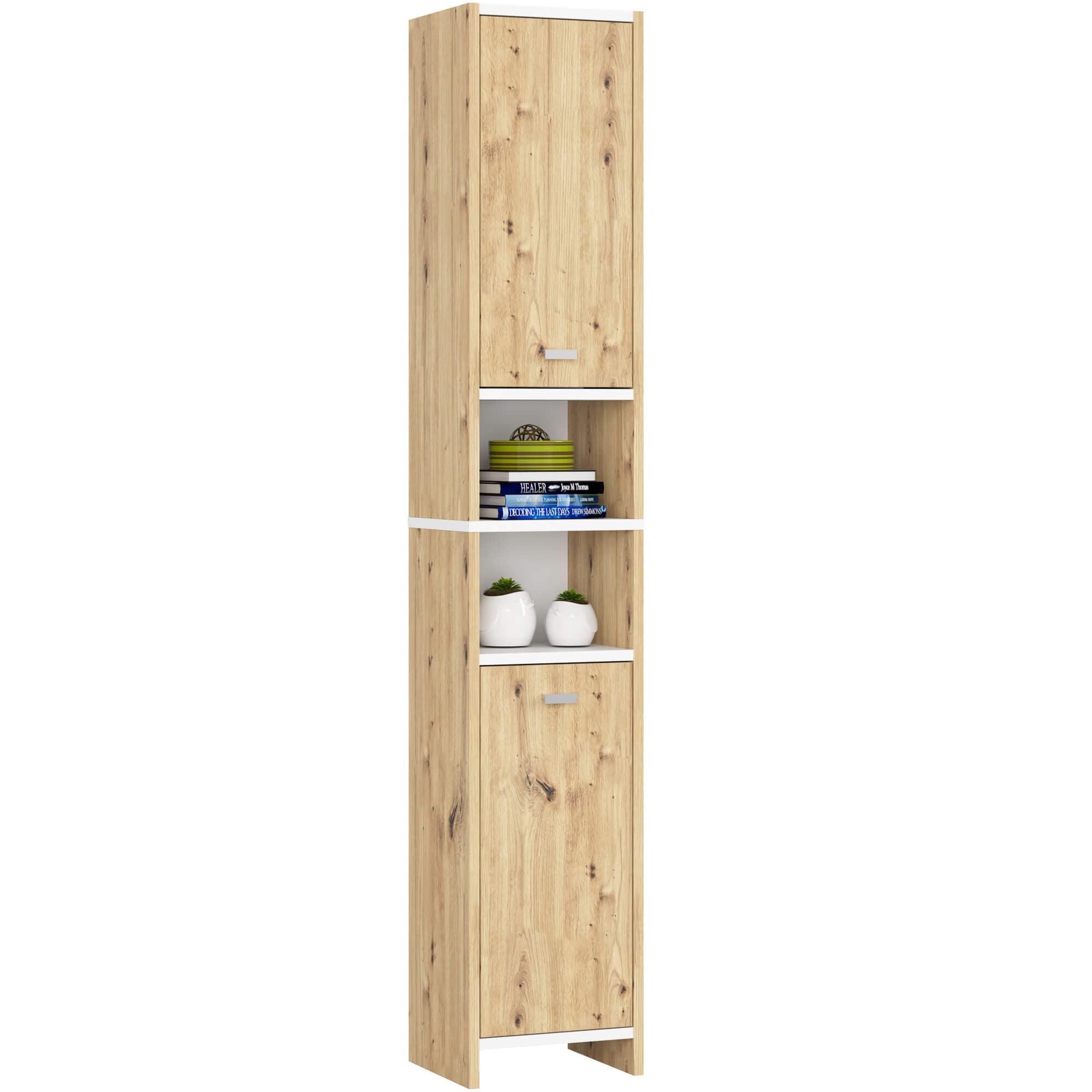 Akord Kylpyhuonehylly Beti 2 ovea 1 laatikko Artisan-tammi/Valkoinen 28x32x89 – Akord
