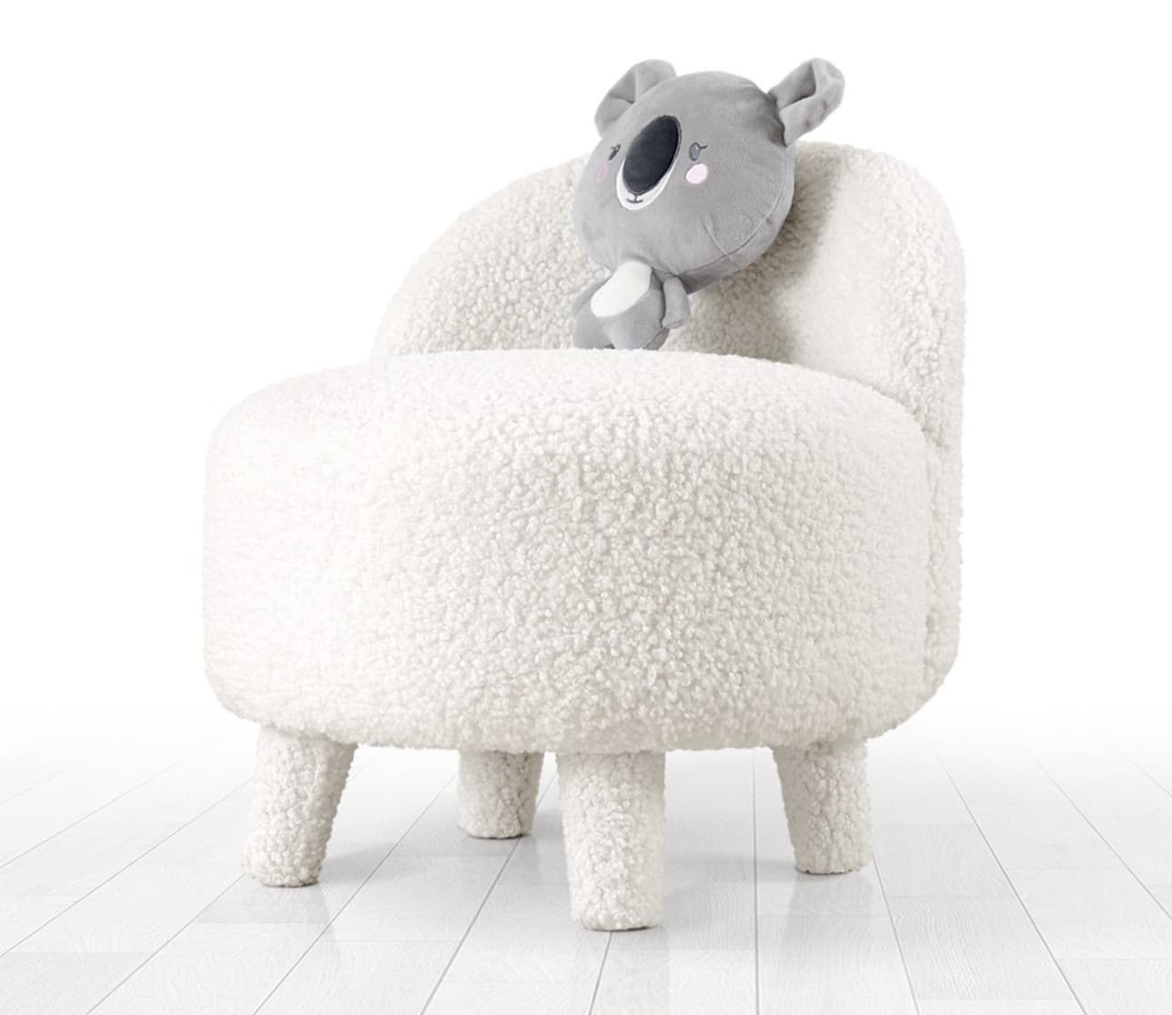Norda Design moderni valkoinen rahi, 100 % keinoturkis, puiset jalat, 6 cm ortopedinen vaahtomuovi, 46 cm halkaisija, 51 cm korkeus – Norda Design