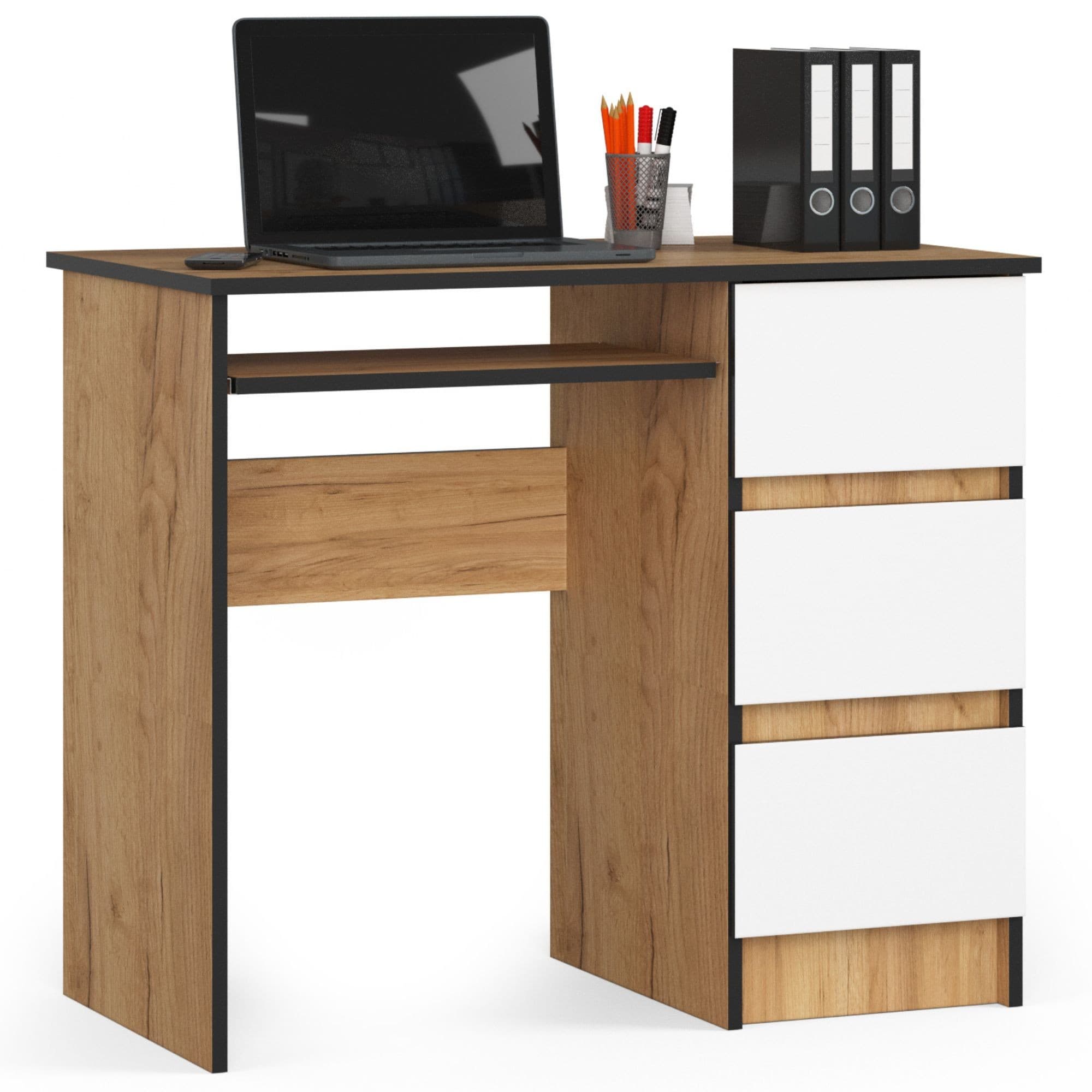 Akord Tietokonepöytä 3 laatikkoa Oikea Craft-tammi/Valkoinen 90x50x77 – Akord