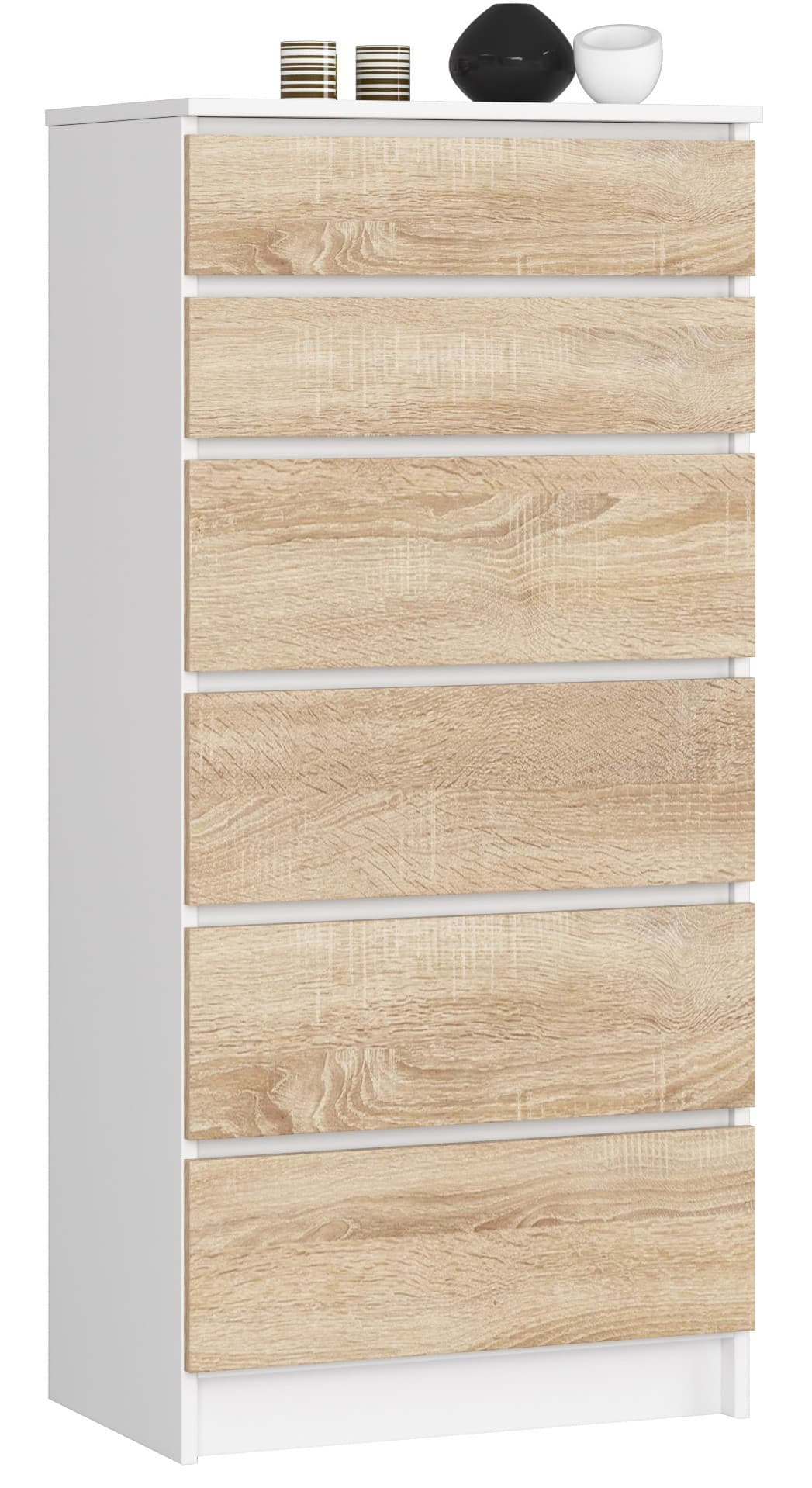 Akord Lipasto 6 laatikkoa Valkoinen/Sonoma-tammi 60x40x130 – Akord