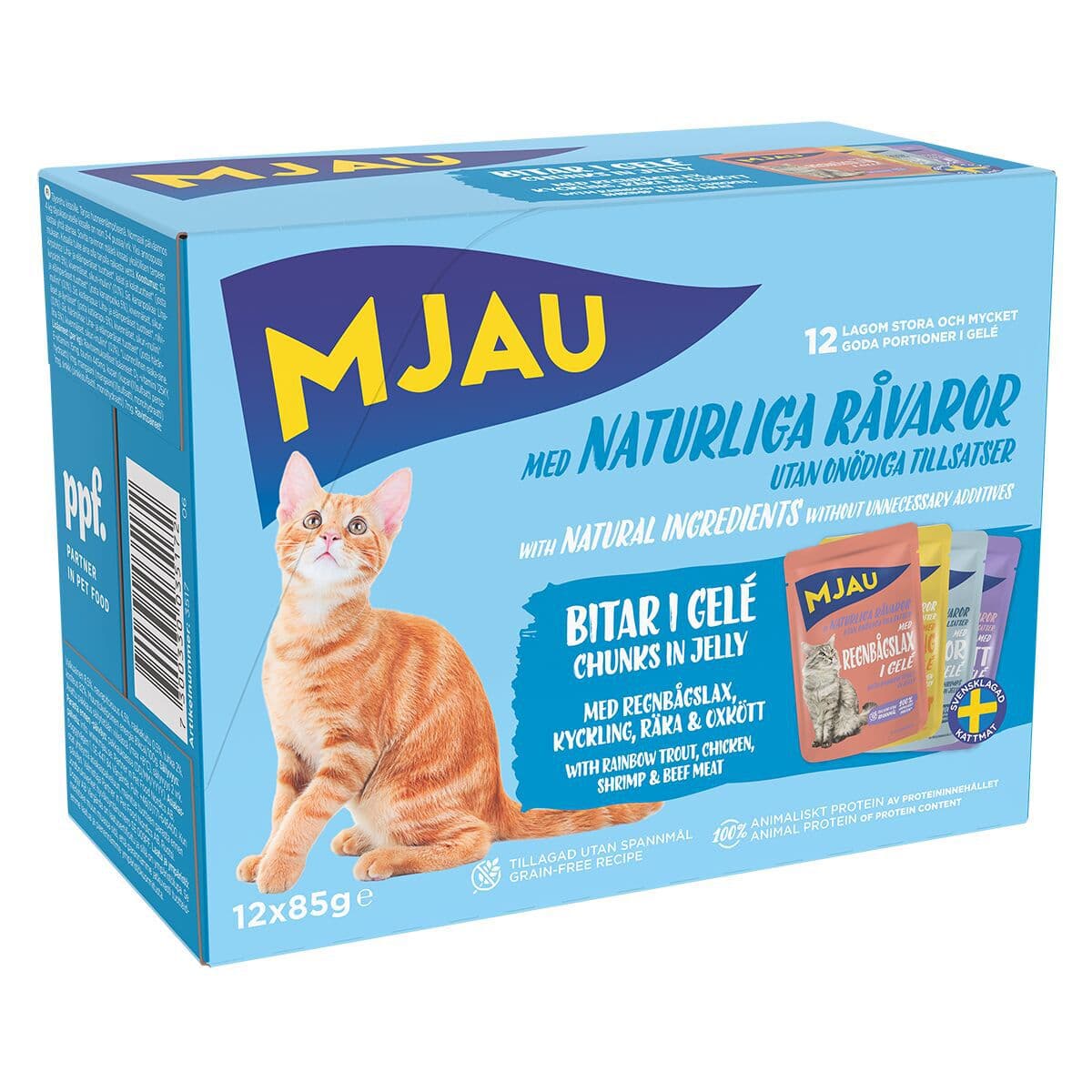 Mjau Multipack lihaa ja kalaa hyytelössä 12 x 85 g – Mjau